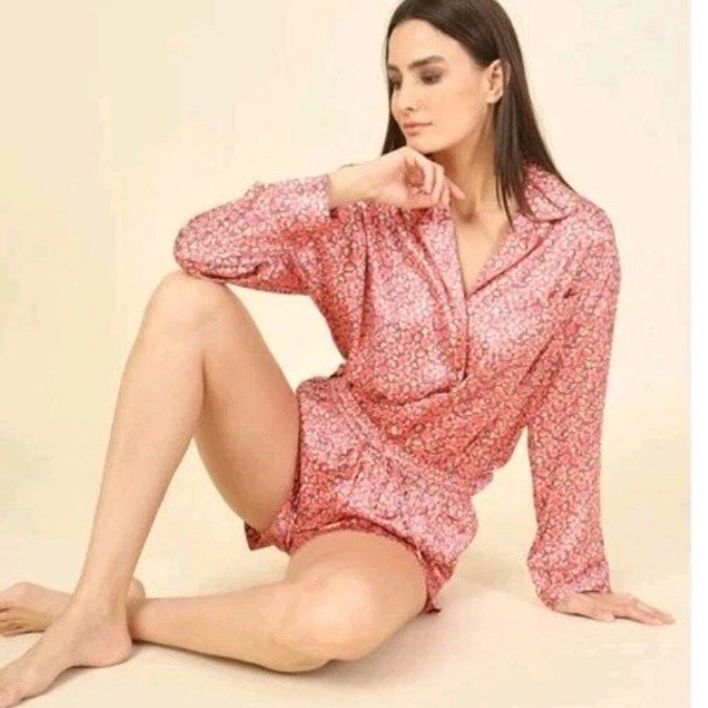 OMIKA Satin PJ Sleep Set XS Shorts Button Top Felice Poppy Pink Anthropologie